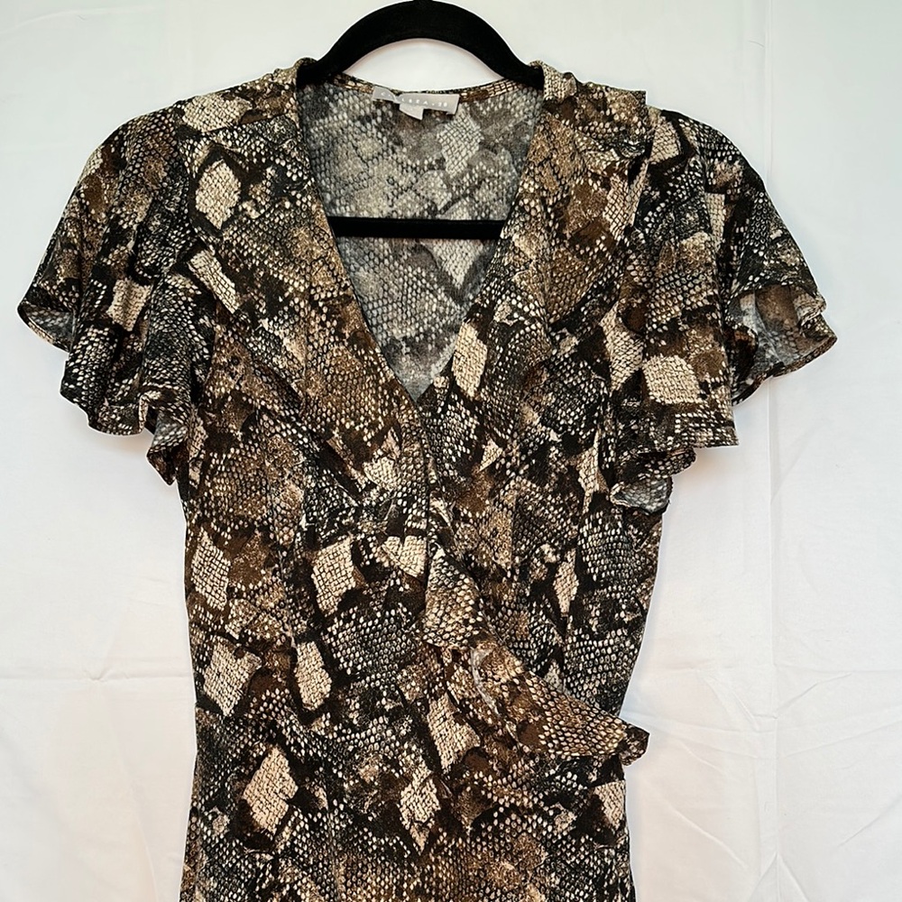 Chelsea28 Brown and Tan Midi Wrap Dress